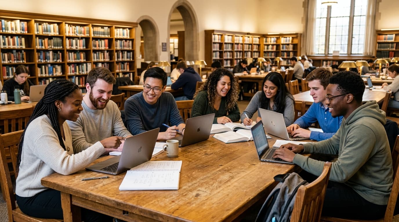 College students studying together in library